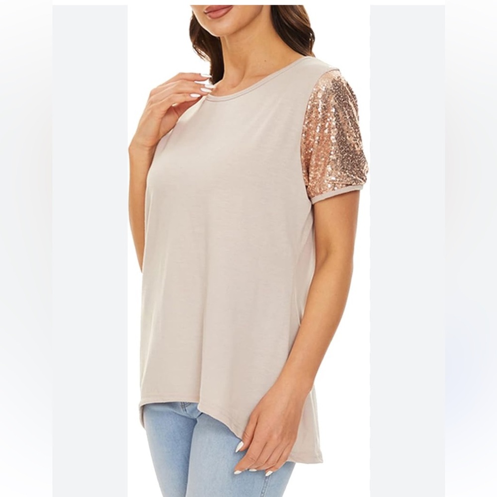 Sequin Sleeve Beige Top